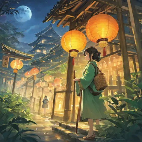 4K、Scenery in June、mont、falls、a river、bamboo grass、hydrangeas、ink and watercolor painting、On a calm autumn evening，Bright Full Moon hanging high in the clear blue night sky，。In a beautiful square，Two cute pandas standing under the moon，They are quietly loo...