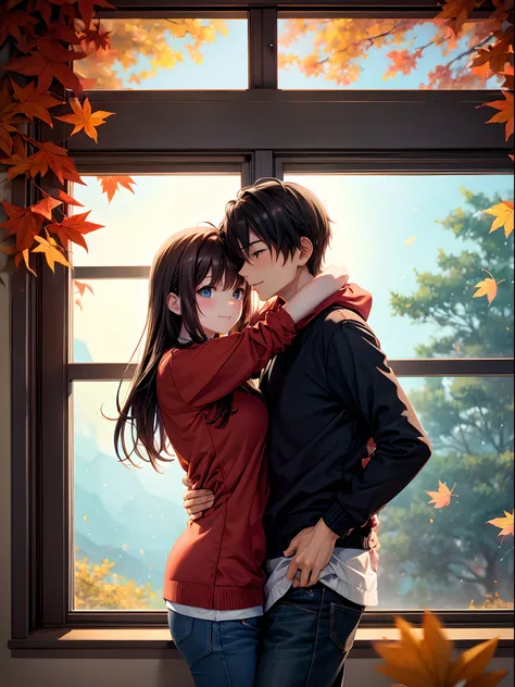 Anime couple hugging Infront of a window, autumn