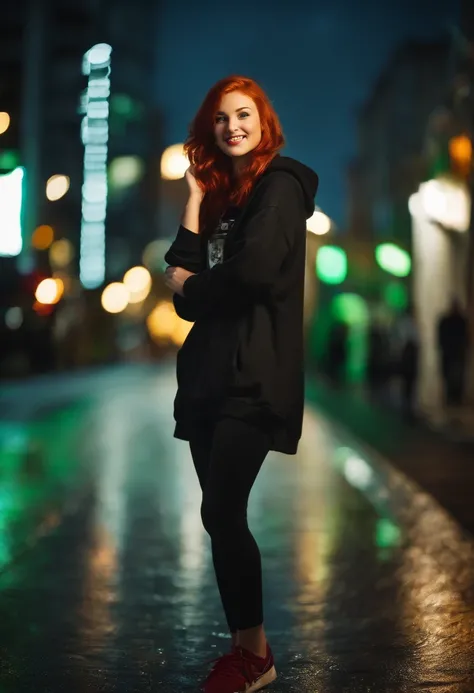 short lenght, slim, red haired, young adult woman, bright green eyes, night ,modern world. Tokyo, lights, cute, tatoo, smile, high quality, sharp backround, better shadows in the backround, rain, black hoodie, short bottom, belly shirt, water reflection