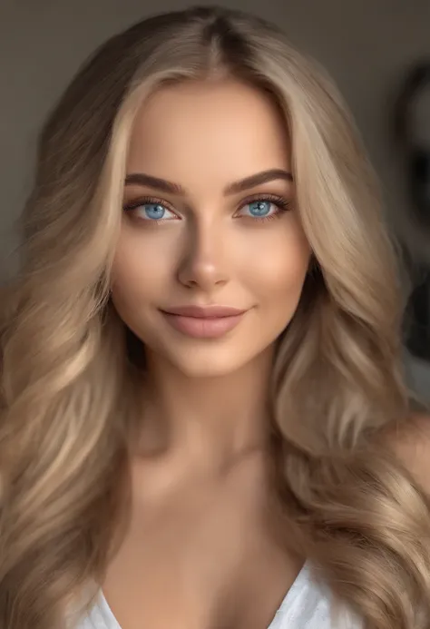 arafed woman fully , sexy girl with blue eyes, ultra realistic, meticulously detailed, portrait sophie mudd, blonde hair and large eyes, selfie of a young woman, bedroom eyes, violet myers, without makeup, natural makeup, looking directly at the camera, fa...