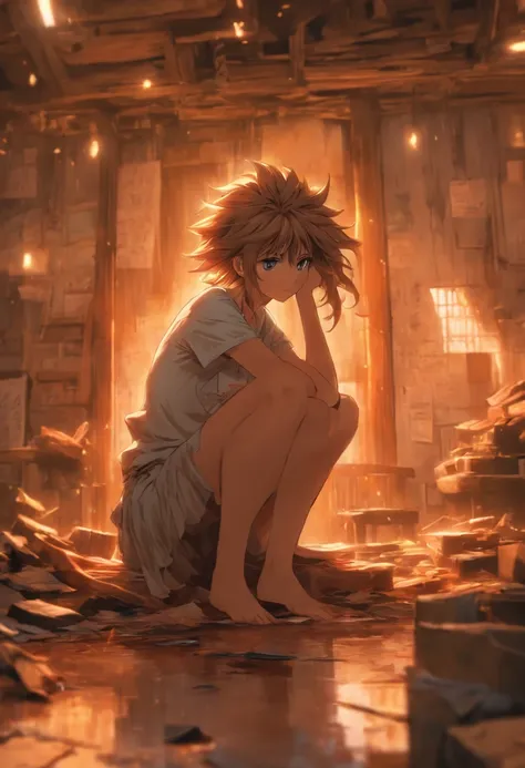 Arti future anime. Birds eye view, dirty woman sitting on chair in dilapidated house, wet messy hair over eyes, detailed bodycon shirt and pleated skirt. vixip, close-up landscape, hurt. Hand drawing, cinematic lighting, highly detailed. White, brown, red....