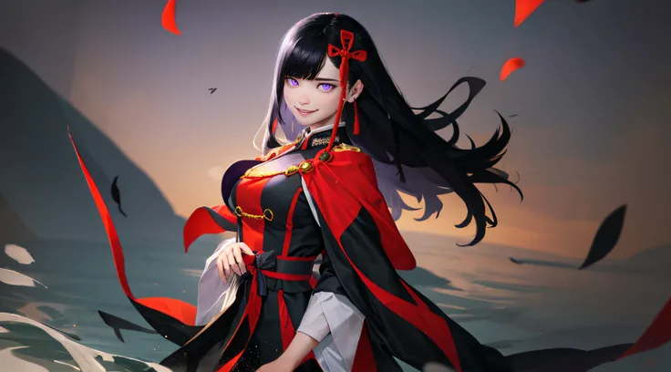 yamashiro768, (black hair, long hair, purple eyes:1.4), hair ornament, a woman with long black hair standing in front of a body ...