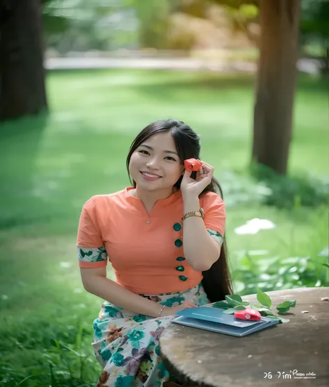 there is a woman sitting on a bench talking on a cell phone, a young asian woman, vietnamese woman, an asian woman, young asian woman, young asian girl, asian woman, asian girl with long hair, chinese girl, a cute young woman, asian girl, chinese woman, in...