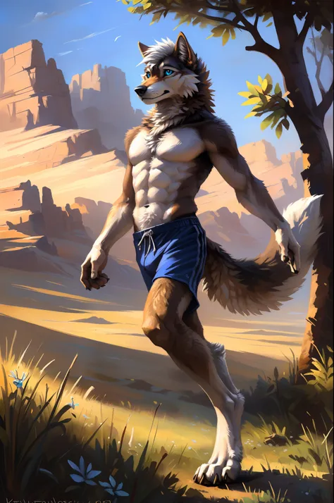 ((Solo)), male people, anthro wolf, (Multi-colored fur, White-brown:1.3), ((Wolf face, White hair, Big eyes, White eyelids, Blue pupil, Slim:1.2) (Tough, Calm expression:1.2)), Abs, Slim, pinging)), (Correct anatomy), (Work shorts:1.1), (Contour bone:1.2),...