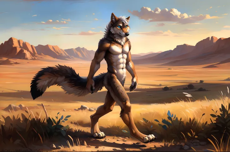 ((Solo)), male people, coyote, (Multi-colored fur, White-brown:1.3), ((Wolf face, White hair, Big eyes, White eyelids, Blue pupil, Slim:1.2) (Tough, Calm expression:1.2)), Abs, Slim, pinging)), (Correct anatomy), A big tail，Feet，Longer torso，(Realistic fur...