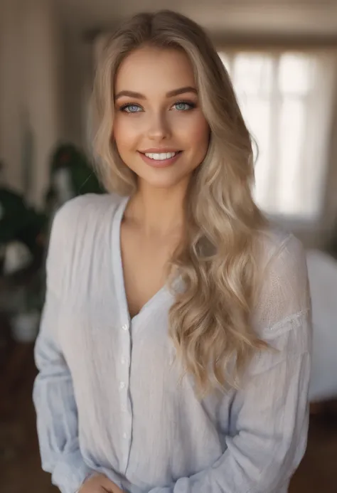 arafed woman fully , sexy girl with blue eyes, ultra realistic, meticulously detailed, portrait sophie mudd, blonde hair and large eyes, selfie of a young woman, bedroom eyes, violet myers, without makeup, natural makeup, looking directly at the camera, fa...