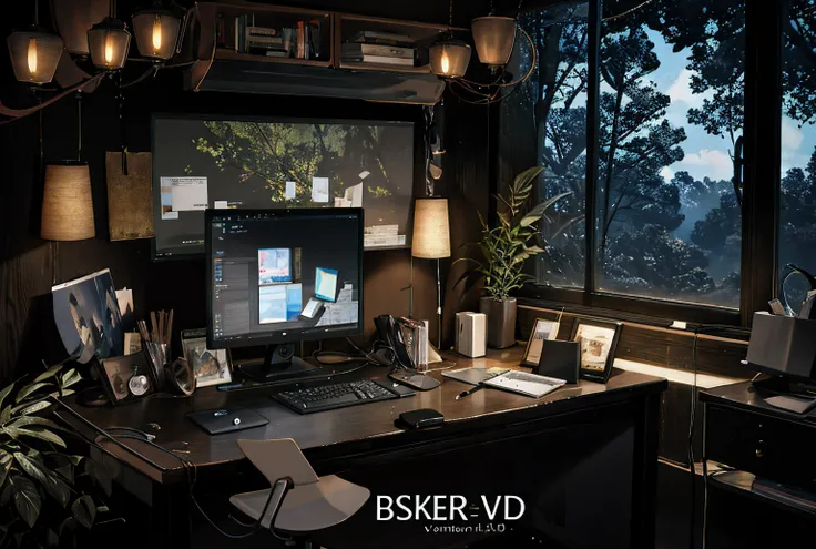 there is a desk with a computer and a lamp in the dark, vray 8k render, v - ray render 8 k uhd, 8k vray render, 3 d render beeple, rending on cgsociety, recusion beeple, render vray, 8 k photorender realityengine, vray renderer, vray render