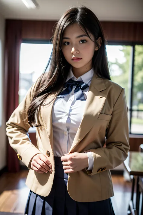 masutepiece, Ultra-detailed, finely detail, hight resolution, 8K Wallpaper, Perfect dynamic composition, 18 year-old, ((super cute girl)), (Beautiful detailed eyes), brown eyes, (Natural Lip), ((Blazer)), ((School uniform)), ((button down shirt and ribbon)...