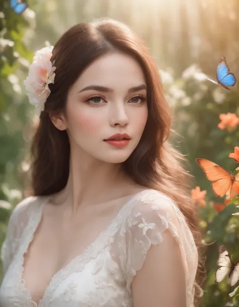 beautiful detailed lips, long dark hair, in a flower garden, wearing a flowing white dress, surrounded by colorful butterflies and blooming flowers, with soft sunlight illuminating her face and casting a warm glow on the scene, in a vibrant and vivid color...