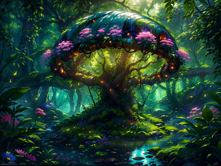 (best quality,4k,8k,highres,masterpiece:1.2),ultra-detailed,(realistic,photorealistic,photo-realistic:1.37),fantasy jungle,floating jellyfish,blue leaf,pink butterfly,firefly,glowing mushroom,strange-looking tree,black vines,strange-looking flowers,colorfu...