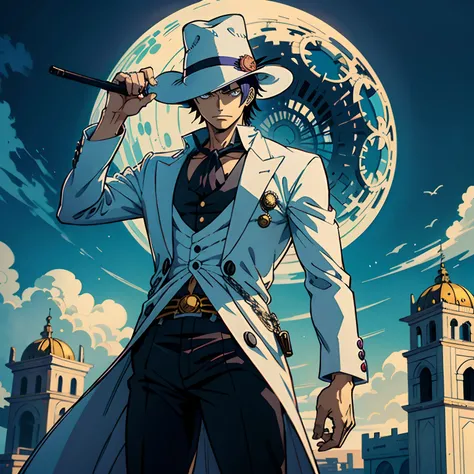 create an illustration of a character from the world of One Piece. He is a three-eyed man, cabelos cinzas, olhos violetas, and is wearing an elegant white suit. He holds a pistol in one hand. como fundo, add a landscape that fits the epic and mysterious se...