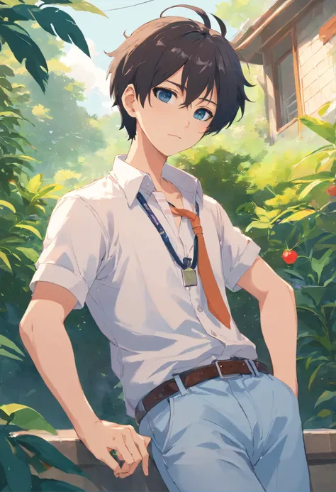 2boys, By bangs，berries，Black hair，The shirt，tiese，eBlue eyes，Hair between both eyes，jewely，leafs，looking at viewert，malefocus，choker necklace，trouser，The shirt，独奏，Wrist watch，White pants，Wrist watch，Messy hair, Trends on ArtStation, 8K分辨率, The is very det...