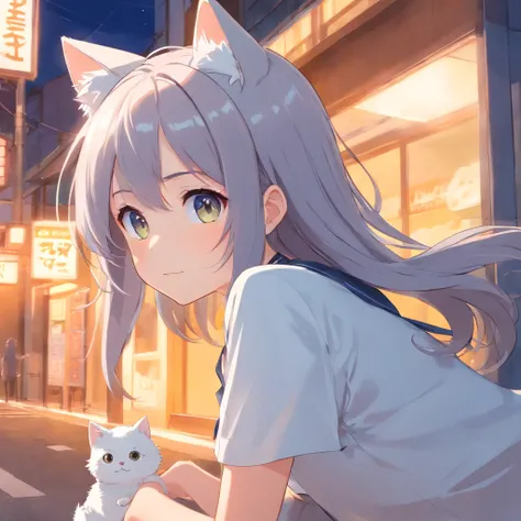 Anime girl with long gray hair and a white shirt with a cat on her head, cute anime face, Soft anime illustration, extremely cute anime girl face, small curvaceous loli, Cute anime girl, Anime moe art style, cute anime girl portraits, Pixiv style, white ha...