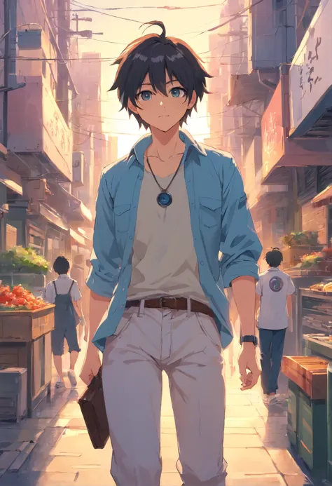 2boys, By bangs，berries，Black hair，The shirt，tiese，eBlue eyes，Hair between both eyes，jewely，leafs，looking at viewert，malefocus，choker necklace，trouser，The shirt，独奏，Wrist watch，White pants，Wrist watch，Messy hair, Trends on ArtStation, 8K分辨率, The is very det...