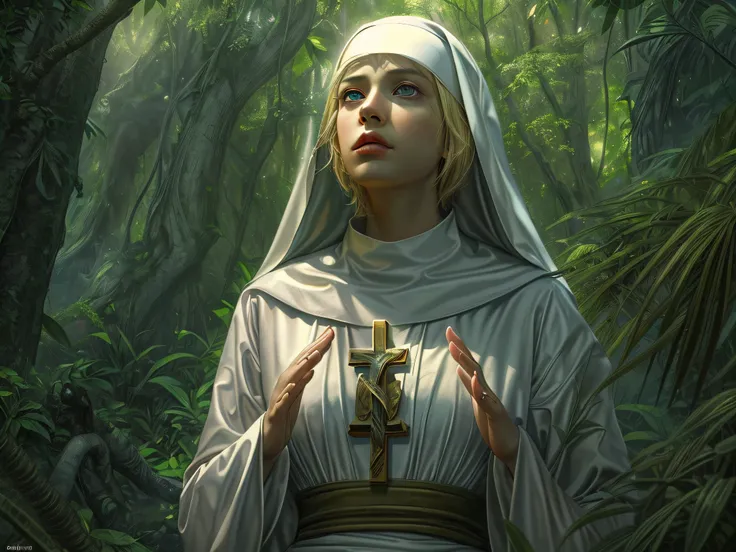 high details, best quality, 16k, [ultra detailed], masterpiece, best quality, dynamic angle, ultra wide shot, RAW, photorealistic, fantasy art, realistic art, a picture of a catholic nun getting lost in the jungle, a nun, wearing nun habit, dynamic colors,...