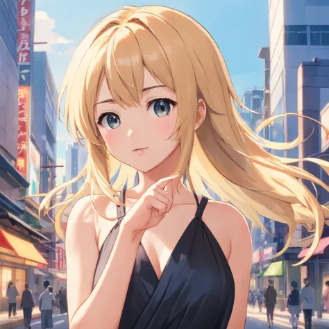 (anime girl,blonde hair,black dress:1.1),peace symbol,serious gesture,pointing index finger,cute anime face,long-haired blonde anime girl,anime vibes,Chunibyo,Marin Kitazawa fan art,anime-style portrait,anime-inspired,extremely cute anime girl face,adorabl...