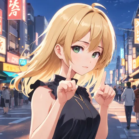 (anime girl,blonde hair,black dress:1.1),peace symbol,serious gesture,pointing index finger,cute anime face,long-haired blonde anime girl,anime vibes,Chunibyo,Marin Kitazawa fan art,anime-style portrait,anime-inspired,extremely cute anime girl face,adorabl...