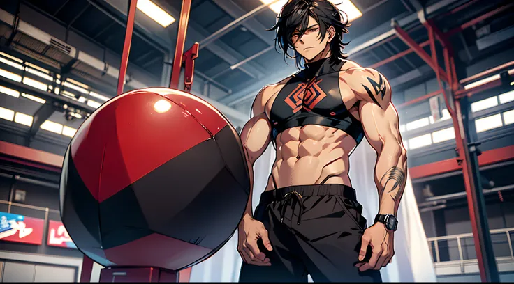 Yuijiro Hanma handsome, good body, Anime character, standing in the gym, decorated with devil tattoos, beautiful and clear muscles. His black hair is wild and unruly, his pants are black.