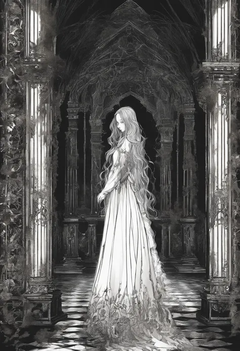 a young girl in a tattered white dress, her long hair obscuring part of her melancholic face. Her eyes appear dim, and an eerie smile crosses her pale visage from time to time. She stands in the corner of a dark room, as if waiting with profound sadness. Y...