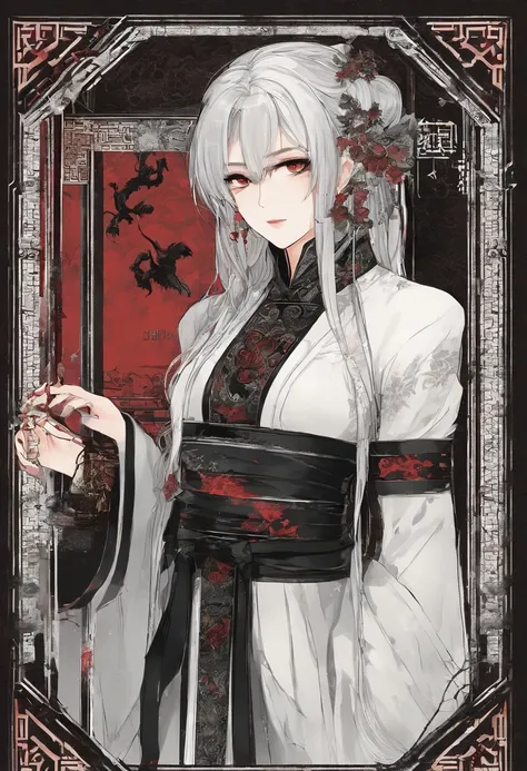 Elegant and intelligent classic Chinese woman, white colored hair, scarlet eyes wearing a bandage on the stomach, Standing in the doorway with a smile on his face, Your skin shines stronger than snow, And his eyes are like a puddle of pure water. There is ...