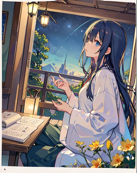 best quality, masterpiece, extremely detailed, detailed background, anime, 1girl, young girl, short girl, sci-fi, science fiction, outdoors, night, starry sky, greenhouse, megastructure, bio-dome, landscape, scenery, horizon, rooftop, sitting on rooftop, w...