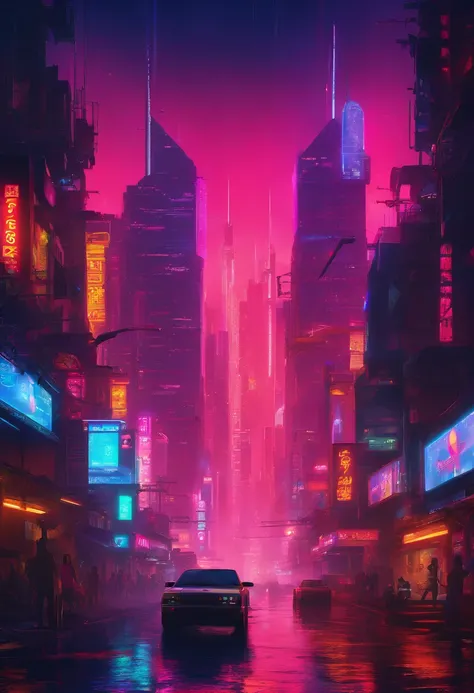 Cyberpunk 2077 Night City Huge city The sky is black There are colorful neon lights in the city The sky is raining The road area water reflects the neon lights of the city