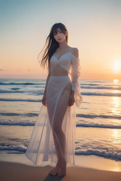 (((​masterpiece))), top-quality, winning artwork, ultra-detailliert, Extremely detailed, Detailed background, llight rays, (Very beautiful woman standing on the beach in the evening), japanes, 20yr old, 乃木坂アイドル, Photo collection of transcendent beautiful g...