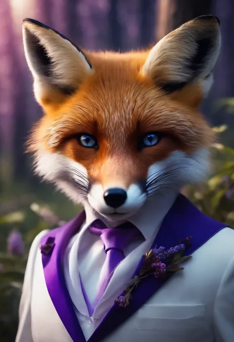 Ultra realistic photo Hd Fox Blue purple imposing with white suit purple breastplate glasses forest background