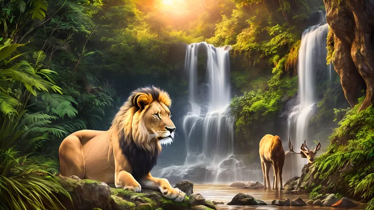 The lion, weary from the hunt, shares a moment of vulnerability with the wise elder deer by the jungle waterfall, sunset, 4K, --auto --s2