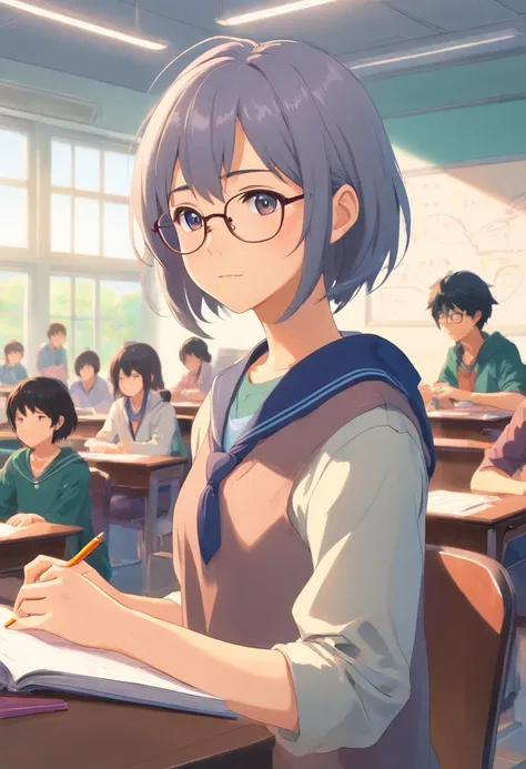 In the classroom，The teacher is lecturing the students，Gray-haired old teacher，Asian people，wears glasses，closeup cleavage，sharp focus on eyes，8K，super-fine，oil painted，Hyper-realistic，best qualtiy