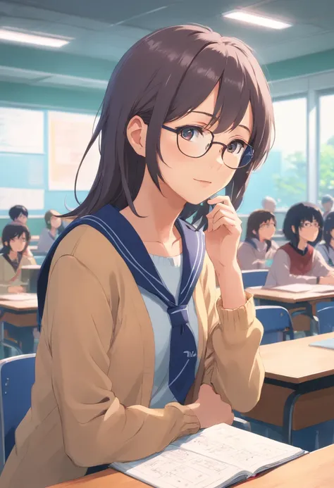 In the classroom，The teacher is lecturing the students，Gray-haired old teacher，Asian people，wears glasses，closeup cleavage，sharp focus on eyes，8K，super-fine，oil painted，Hyper-realistic，best qualtiy