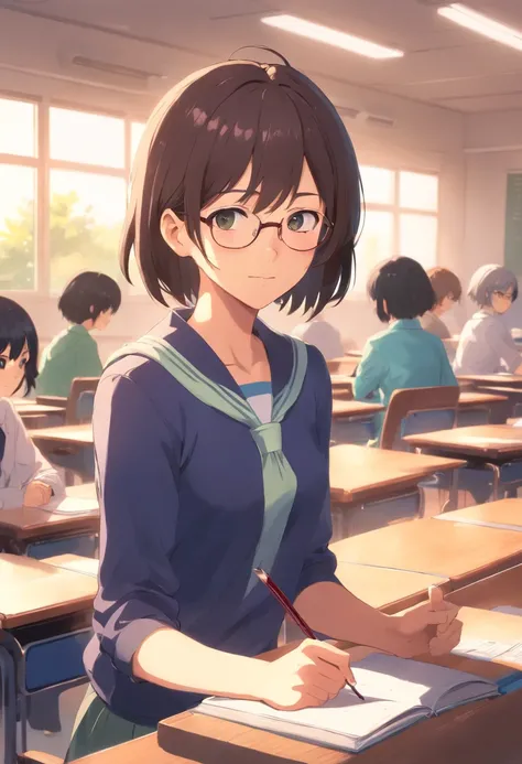 In the classroom，The teacher is lecturing the students，Gray-haired old teacher，Asian people，wears glasses，closeup cleavage，sharp focus on eyes，8K，super-fine，oil painted，Hyper-realistic，best qualtiy