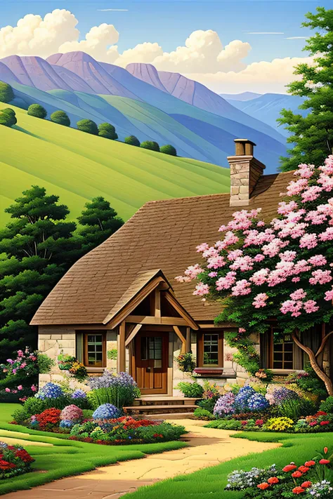 rustic country cottage with path to front door and windows and gorgeous flowers with hills and trees in background by artist john sloane --auto