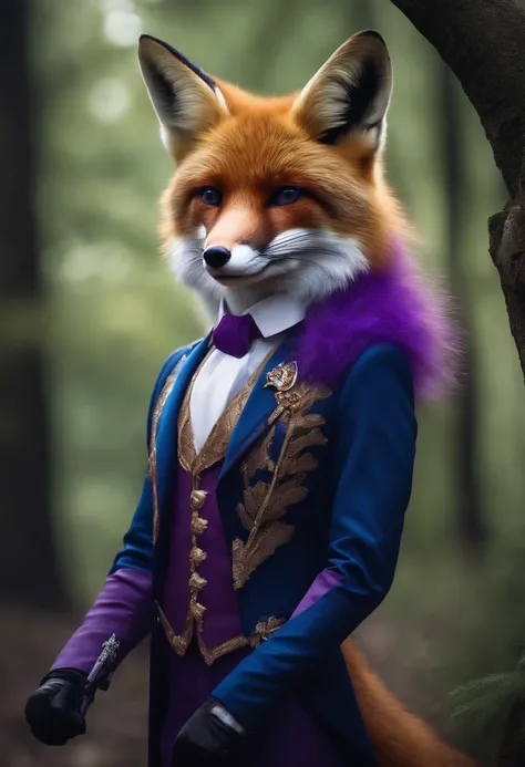 Photo Realistic Ultra Hd Fox Blue Purple Imposing with White Purple Breastplate Suit of Glasses Forest Background Holding Key