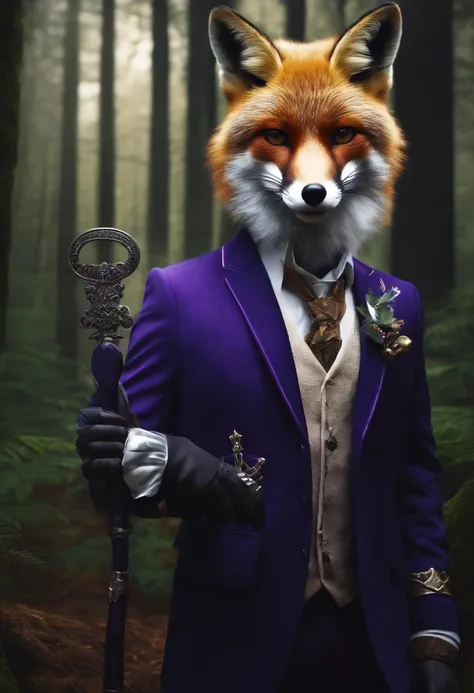 Photo Realistic Ultra Hd Fox Blue Purple Imposing with White Purple Breastplate Suit of Glasses Forest Background Holding Key