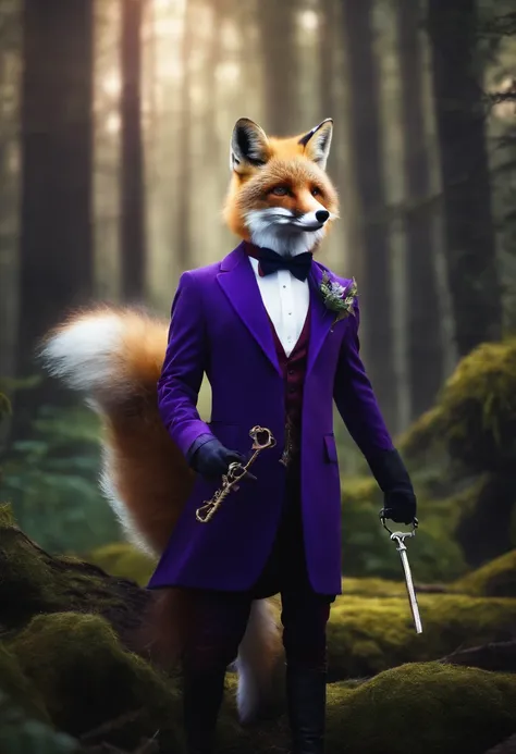 Photo Realistic Ultra Hd Fox Blue Purple Imposing with White Purple Breastplate Suit of Glasses Forest Background Holding Key