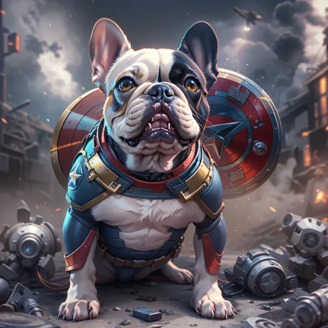 french bulldog, captain america, Klaren Mecha-Planetenhintergrund, Stereoskopischer Effekt, 3D-gerendert, (Beste Illustration), (super detaillierter CG), Digitale Malerei, Eyes of the Milky Way, Ultra-Definition, --ios 120, Akribischer Ausdruck, HDR, Extre...