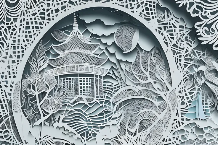 Realistic, paper cut out, MDJRNY-PPRCT, Charming Chinese garden scenery,White tones，arte em papel cortado, Precision cutting，