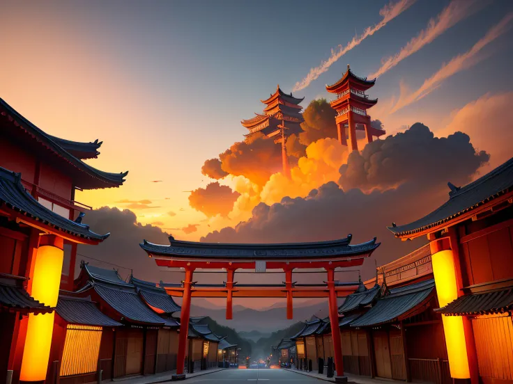 k hd/A piece of Chinese style archway，There is a sign hanging above the torii，Behind the torii are many traditional Chinese buildings on the roadside，Through the torii, you can see the orange-yellow sky，There are many auspicious clouds on the torii and bui...