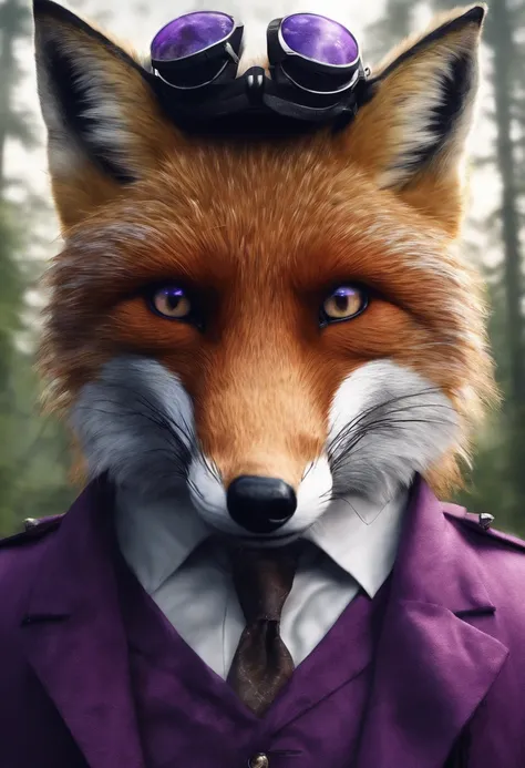 Realistic photo ultra Hd Imposing fox with purple suit white breastplate glasses forest background, de frente