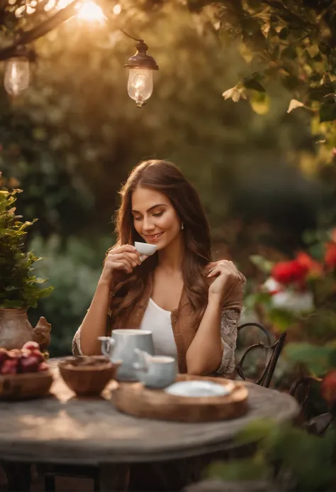 A girl with beautiful detailed eyes and lips enjoying a cup of Americano in a garden. The girl is sitting at a table with a mug in her hands, taking a delicate sip of the coffee. The garden is filled with vibrant greenery, colorful flowers, and a gentle br...