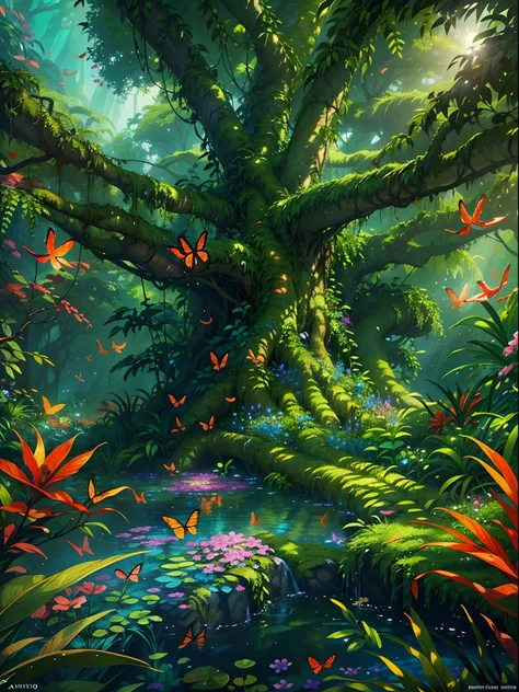 (best quality,4k,8k,highres,masterpiece:1.2),ultra-detailed,(realistic,photorealistic,photo-realistic:1.37),fantasy jungle,giant,ancient tree emerges,tree grows from water,gigantic tropical leaves,partly submerged in water,mysterious,enchanted atmosphere,s...