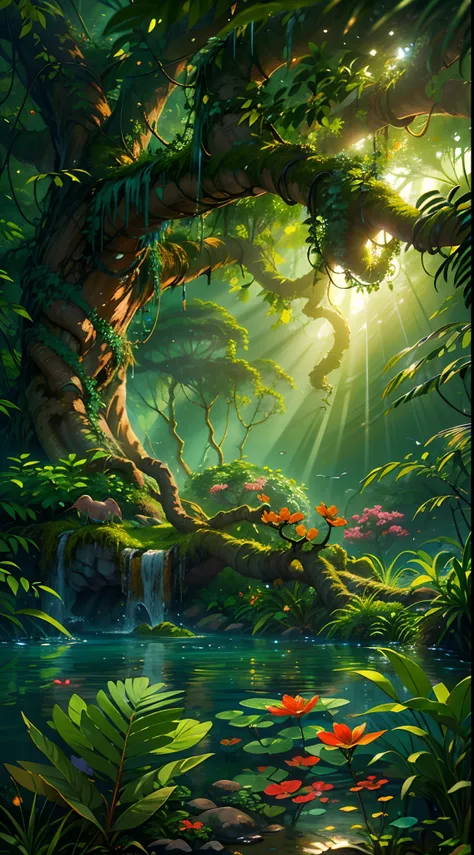 (best quality,4k,8k,highres,masterpiece:1.2),ultra-detailed,(realistic,photorealistic,photo-realistic:1.37),fantasy jungle,giant...