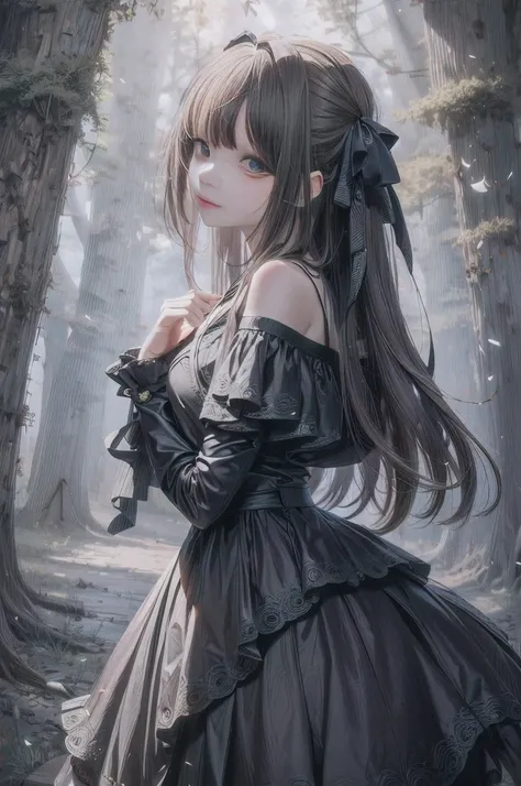 Anime girl in dark dress standing in forest, gothic maiden anime girl, Anime girl wearing black dress, a maid in a magical forest, Guweiz on ArtStation Pixiv, Guweiz in Pixiv ArtStation, loli in dress, Beautiful anime girl, a beautiful anime portrait, tren...