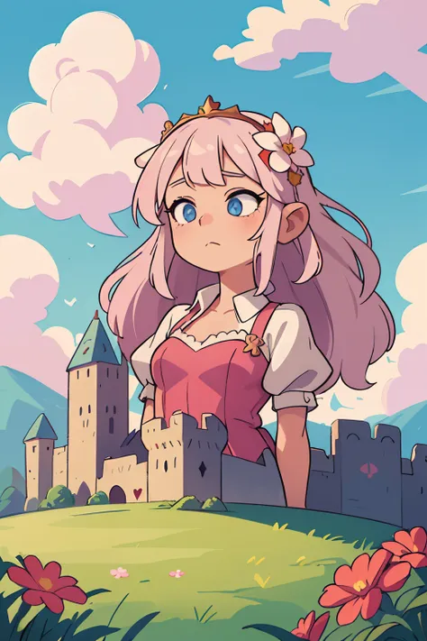 ((best quality, masterpiece)), 
1girl, princess pink dress, flowers, white messy hair,  outdoor, clouds on background,fantasy, medieval, castle on background