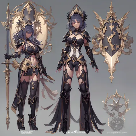 ((Masterpiece, Highest quality)), Detailed face, CharacterDesignSheet， full bodyesbian, Full of details, Multiple poses and expressions, Highly detailed, Depth, Many parts，Beautiful paladin girl，Pure black，estilo fantasia，Holding a shield，Extremely beautif...