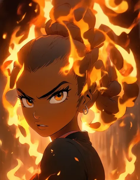 mulatto girl with a sloppy appearance, black hair tied in a ponytail, wearing a black T-shirt, surrounded by flames creating an elegant and captivating atmosphere. The girl is the centerpiece of the composition, showcasing her distinct and unique style.

T...