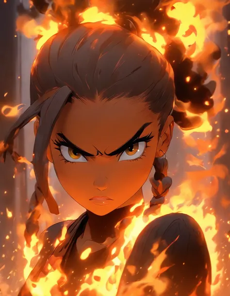 mulatto girl with a sloppy appearance, black hair tied in a ponytail, wearing a black T-shirt, surrounded by flames creating an elegant and captivating atmosphere. The girl is the centerpiece of the composition, showcasing her distinct and unique style.

T...