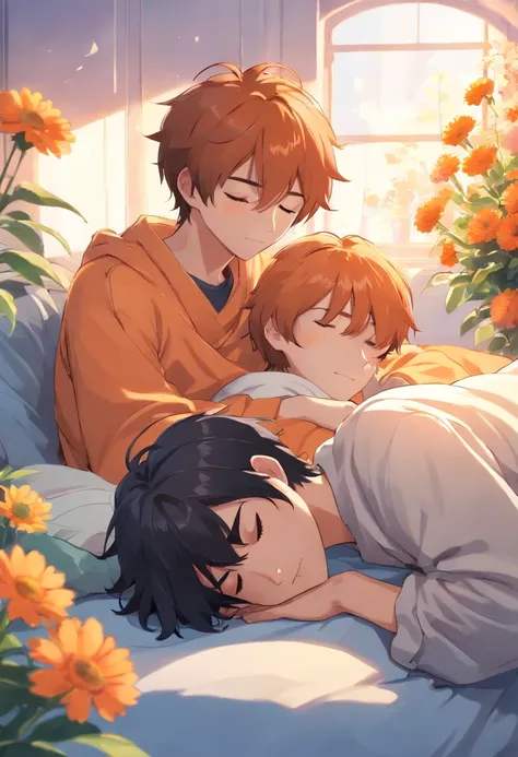 two boys, male couple, 20 years old, black hair, orange hair, hugging each other sleeping, happiness, blanket, pillow, sunshine, flowers, warm