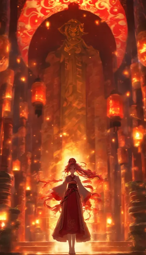 digital art, full body, in the center of the frame, masterpiece, best quality, 1girl, empress, detailed face, super detailed glowing red eyes, long flowing red hair, detailed hair, inside a temple, well lit, illuminated environment, solo, looking at viewer...